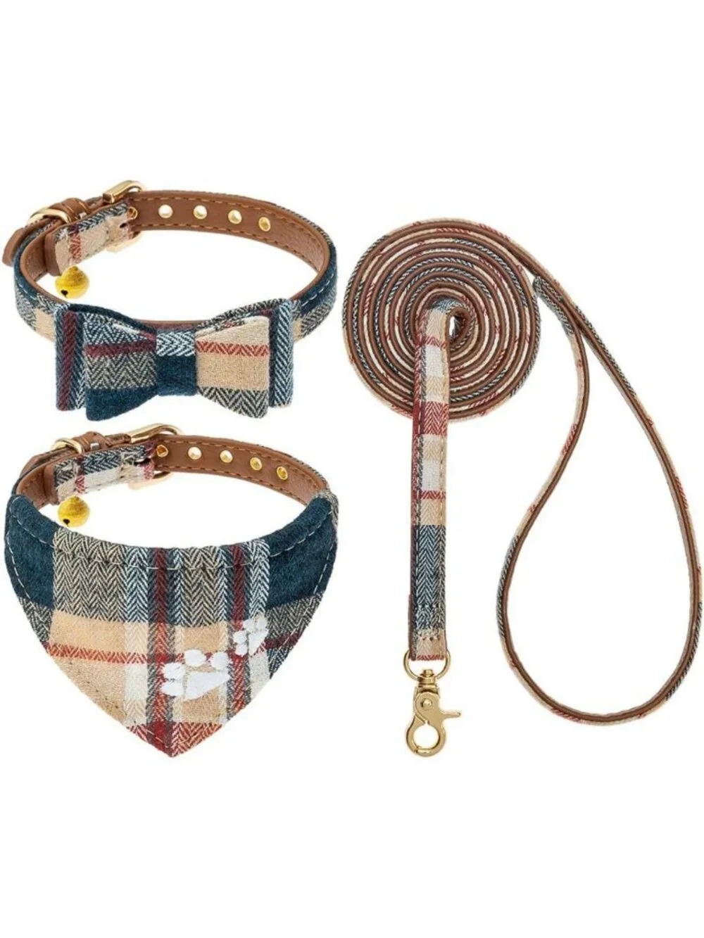 Plaid Puppy Collar & Leash Set with Bow Tie, Bandana & Bell - Khaki Dog
